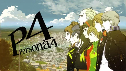 HD PC desktop wallpaper featuring characters from the video game Persona 4 against a cityscape under a cloudy sky.