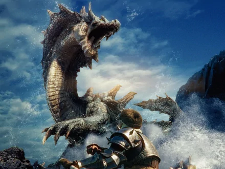 Video game — Monster Hunter 3 4K Ultra HD PC desktop wallpaper: an armored hunter faces a towering, roaring sea serpent amid crashing waves and stormy skies.