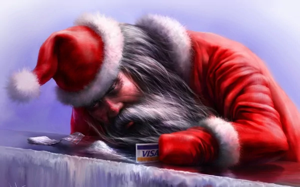 Humorous holiday HD desktop wallpaper showing Santa in a satirical scene, appearing tired and resting on a surface with a Visa card, blending Christmas cheer with modern life.