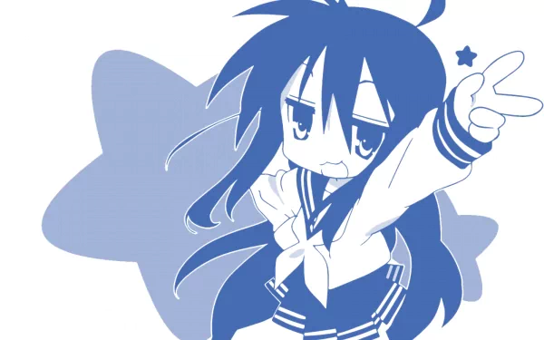 Blue-toned HD anime desktop wallpaper of Konata Izumi from Lucky Star, striking a playful peace-sign pose against a star-shaped backdrop.
