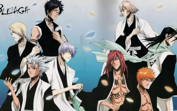 A dynamic HD wallpaper featuring characters from Bleach, including Byakuya Kuchiki, Ichigo Kurosaki, Renji Abarai, and others, set against a vibrant backdrop.
