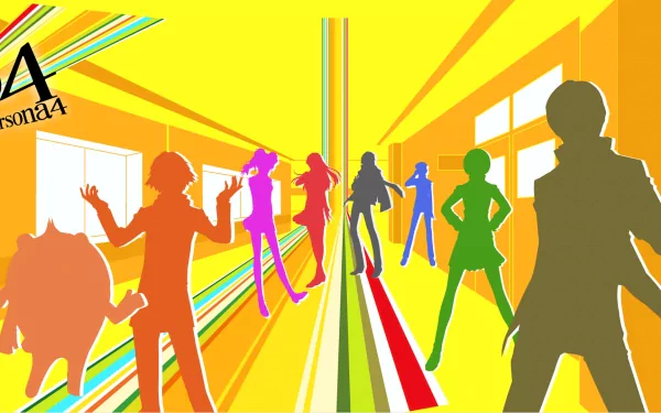 HD PC desktop wallpaper featuring colorful silhouettes from the video game Persona 4 against a vibrant yellow background with dynamic diagonal lines.
