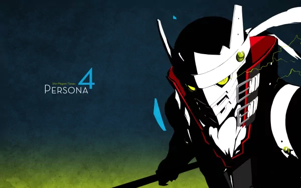 HD PC desktop wallpaper featuring a stylized, armored character from the video game Persona 4 against a dark blue and green gradient background.