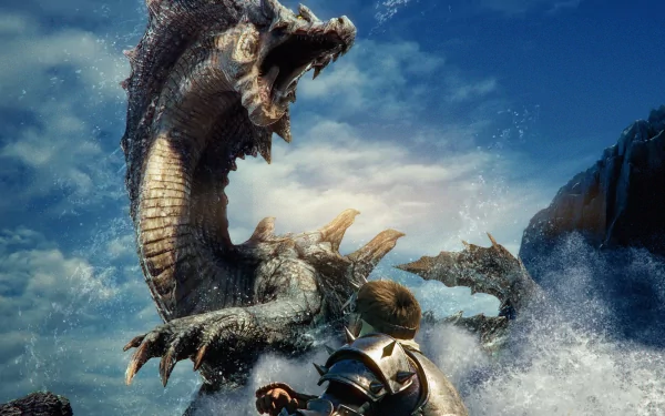Video game — Monster Hunter 3 4K Ultra HD PC desktop wallpaper: an armored hunter faces a towering, roaring sea serpent amid crashing waves and stormy skies.