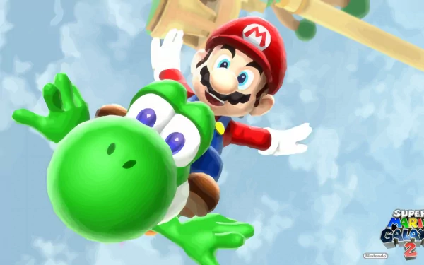 HD PC desktop wallpaper featuring Mario riding Yoshi in a vibrant scene from the video games Super Mario Galaxy and Super Mario Galaxy 2.