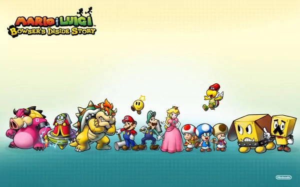 HD PC desktop wallpaper featuring Princess Peach, Luigi, Bowser, Mario, and other characters from the video game Mario & Luigi: Bowser's Inside Story.