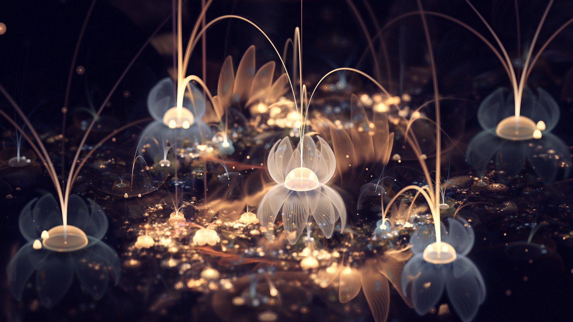 A vibrant CGI abstract design featuring glowing, ethereal shapes with dynamic light bursts, creating a stunning 3D effect. This HD wallpaper serves as an engaging desktop background.