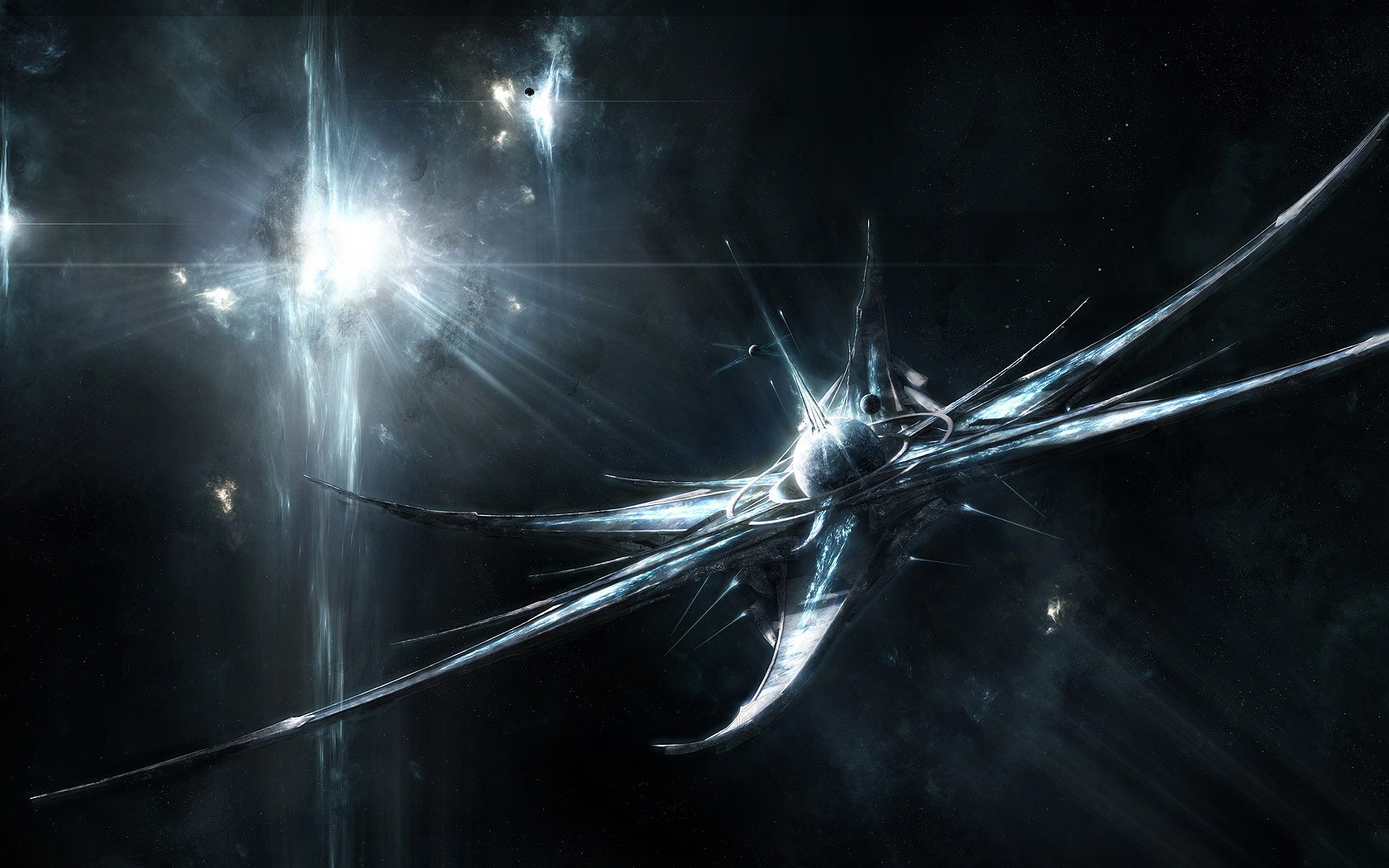 Abstract cool HD PC desktop wallpaper featuring sharp, metallic structures with bright light flares against a dark, space-like background.