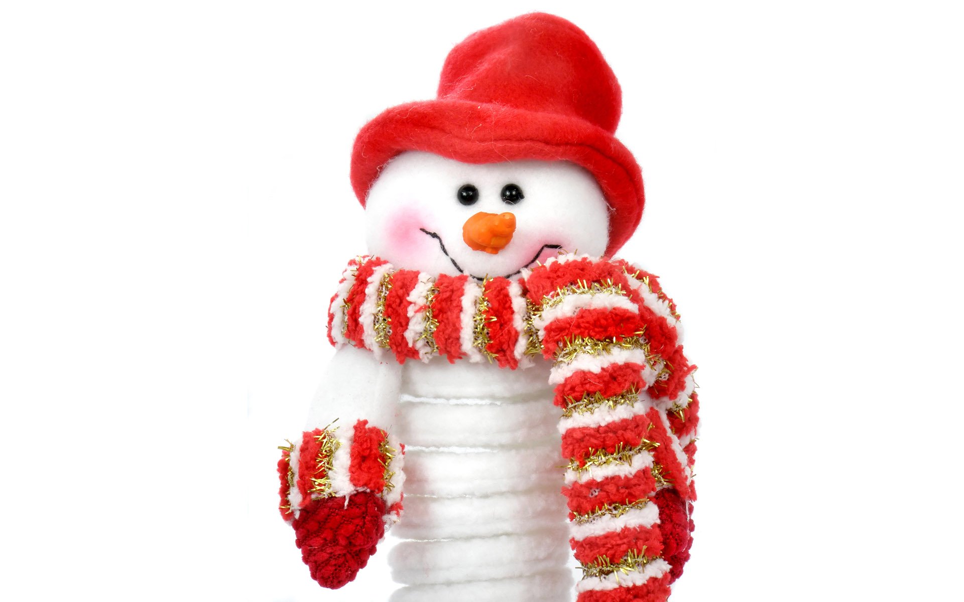 A cheerful snowman wearing a red hat and striped scarf, set against a white background, embodies the festive spirit of Christmas in this HD desktop wallpaper.