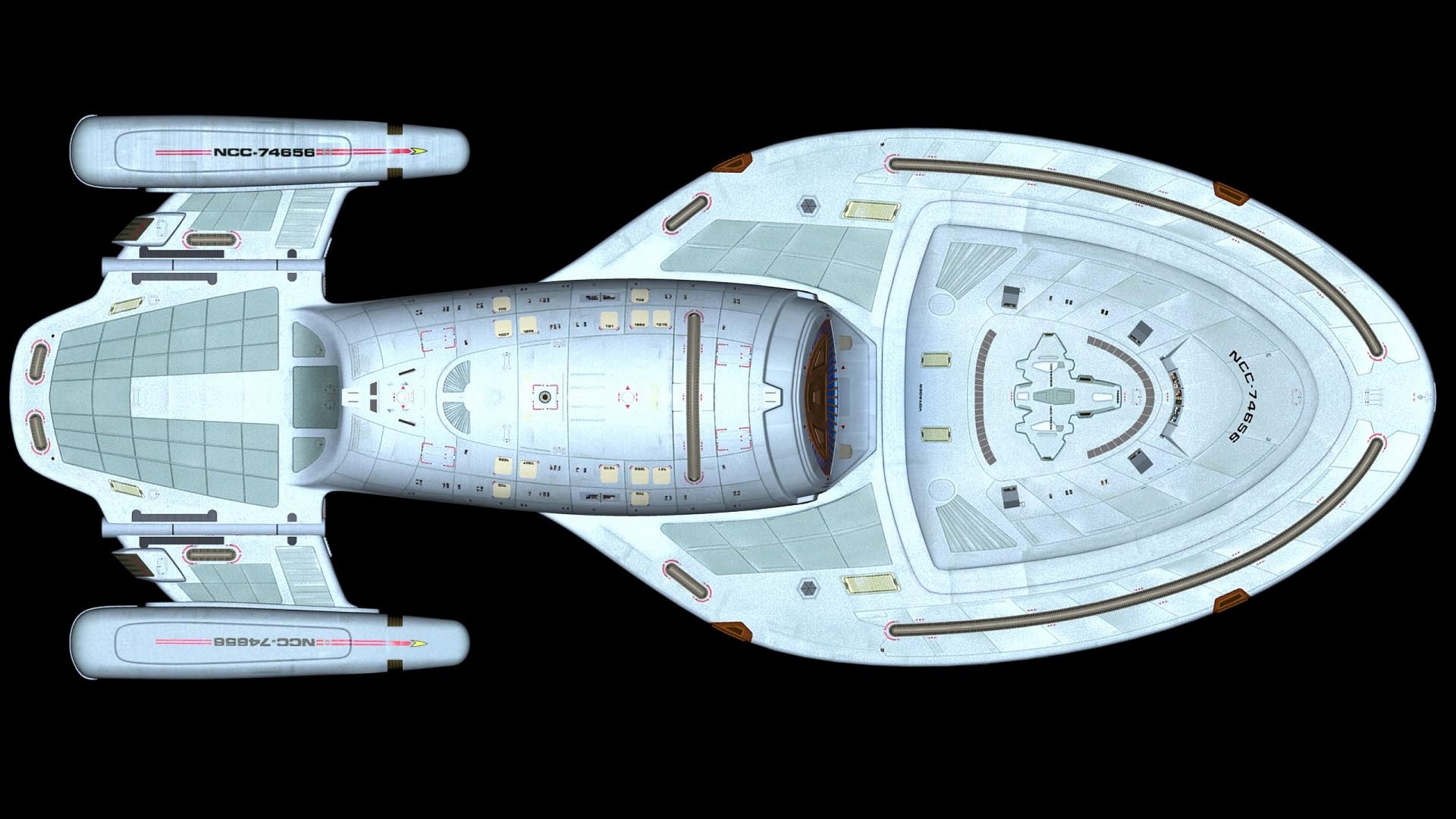 HD PC desktop wallpaper featuring a detailed top-down view of a sci-fi Star Trek starship against a black background.