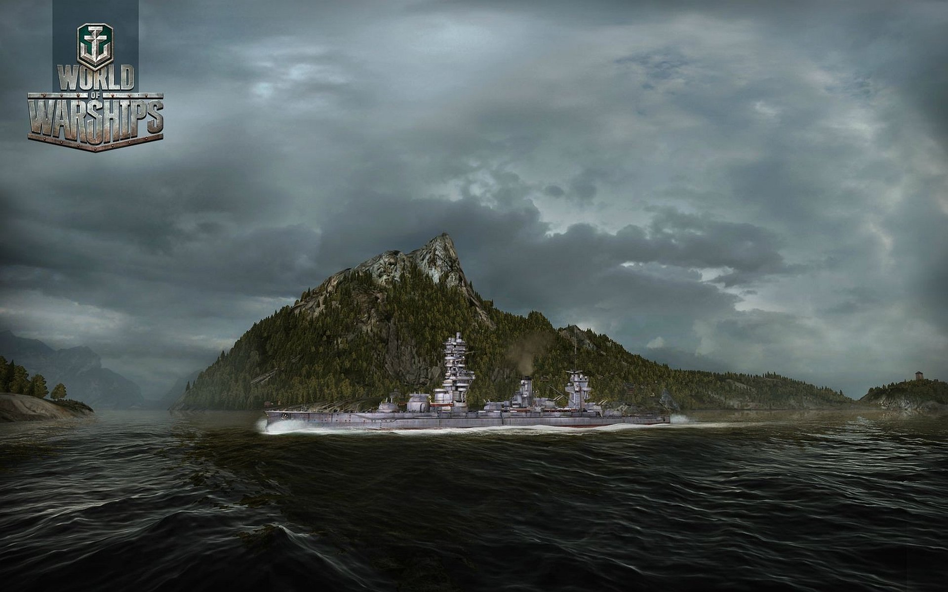 World of Warships video game HD PC desktop wallpaper showing a battleship steaming toward a rocky island under stormy skies, the World of Warships logo in the corner.