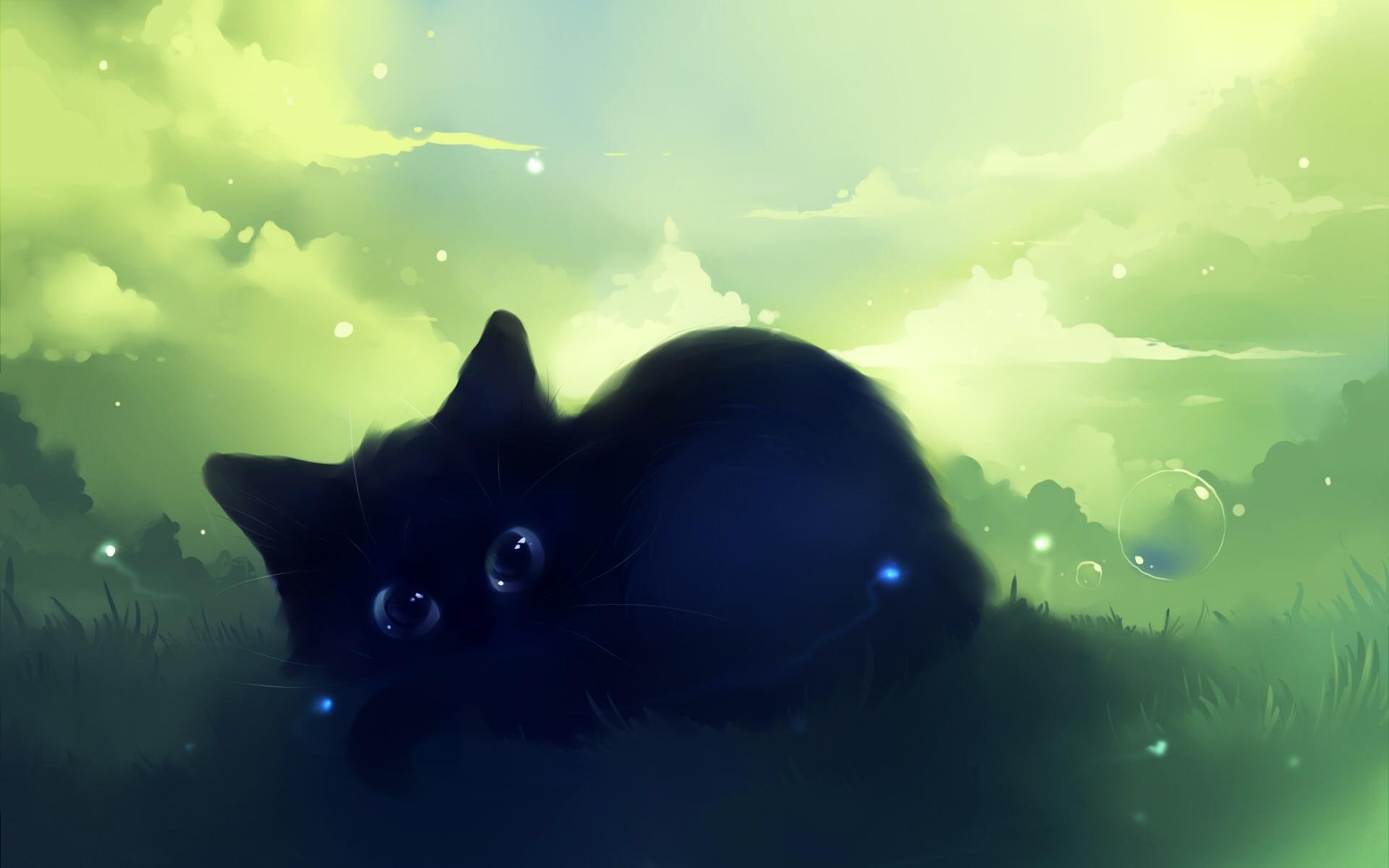 Artistic HD desktop wallpaper featuring a shadowy black cat with glowing eyes resting in a softly illuminated, dreamy green landscape.