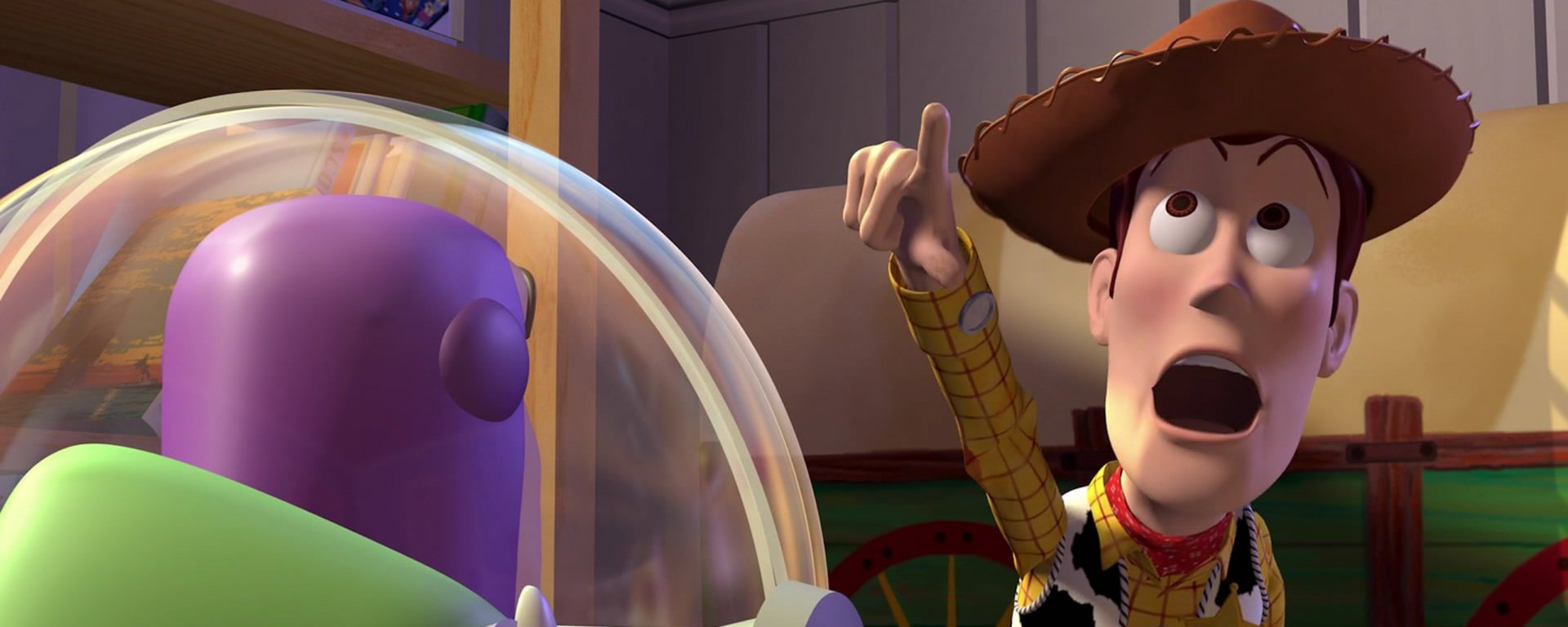 HD PC desktop wallpaper featuring Toy Story characters Buzz Lightyear and Woody in a vibrant scene from the popular animated movie.