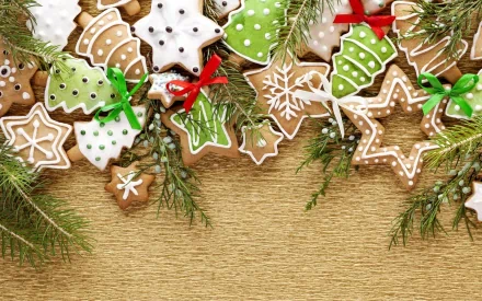 A festive arrangement of decorated gingerbread cookies shaped like stars and Christmas trees, accented with ribbons and greenery, creating a warm holiday atmosphere.