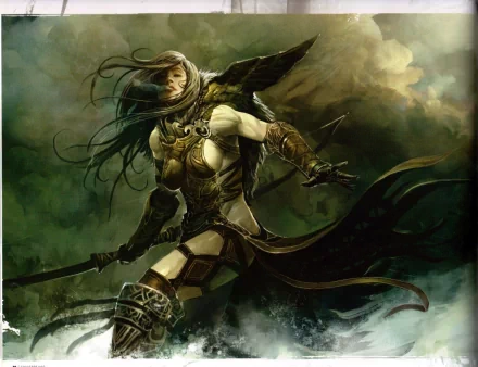 HD desktop wallpaper featuring a fierce armored female warrior from the video game Guild Wars 2, set against a stormy, dramatic background.