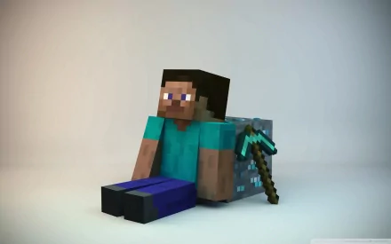 HD desktop wallpaper featuring Steve from Minecraft sitting next to an ore block, holding a pickaxe. Tags: pickaxe, ore (Minecraft), Steve (Minecraft), Mojang, video game, Minecraft.