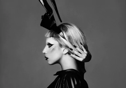 Black and white HD desktop wallpaper featuring Lady Gaga in profile with bold makeup and avant-garde headpiece, capturing her iconic music style.