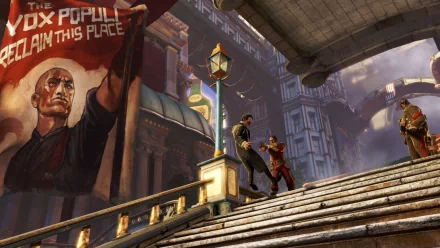 HD PC desktop wallpaper from the video game Bioshock Infinite featuring a cityscape with grand stairs and a large propaganda poster in the background.