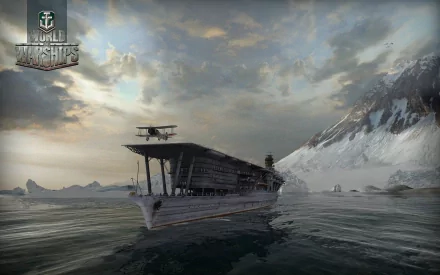 HD PC desktop wallpaper of a World of Warships video game scene featuring a warship carrier sailing in icy waters under a cloudy sky.