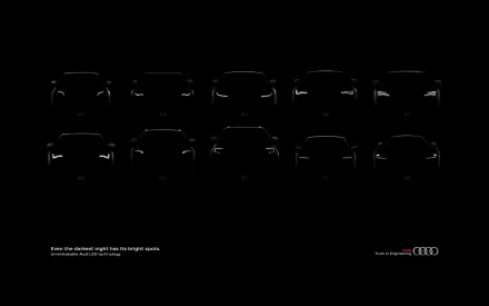 HD PC desktop wallpaper: rows of black-silhouetted Audi vehicles on a dark background with a small Audi logo.