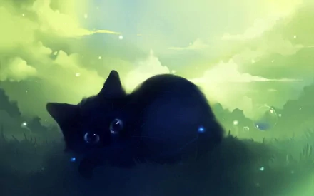 Artistic HD desktop wallpaper featuring a shadowy black cat with glowing eyes resting in a softly illuminated, dreamy green landscape.