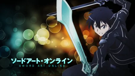HD PC desktop wallpaper featuring Kirito from Sword Art Online in an action pose, wielding his sword against a blurred, colorful background.
