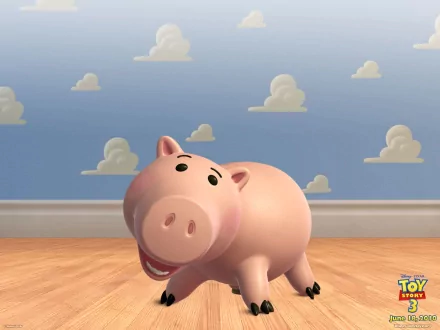 HD PC wallpaper featuring Hamm, the animated pig toy character from the movie Toy Story 3, set against a blue sky with white clouds background.