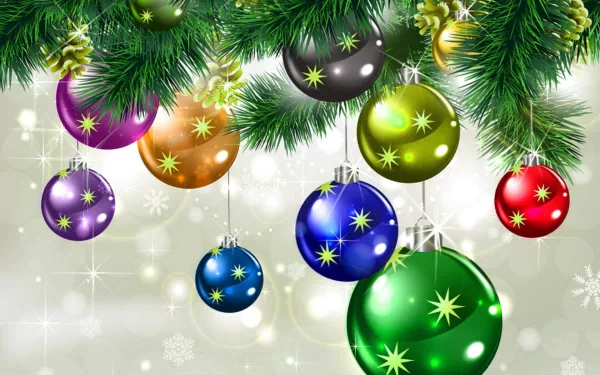 HD desktop wallpaper featuring colorful Christmas ornaments hanging from pine branches, set against a festive holiday background.