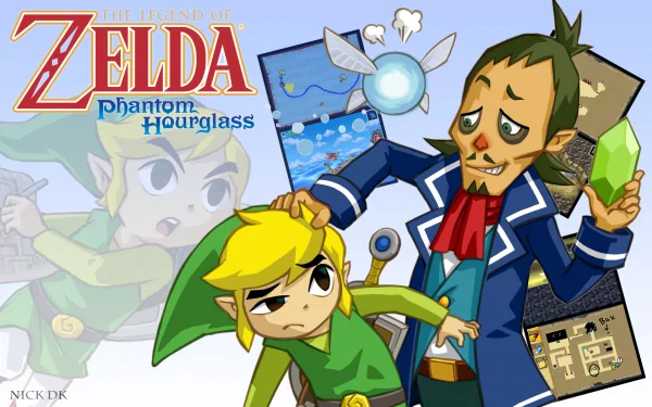 HD PC wallpaper: Link, Linebeck and Neri from The Legend of Zelda: Phantom Hourglass — Link frowning while Linebeck holds a green gem and a fairy hovers nearby.