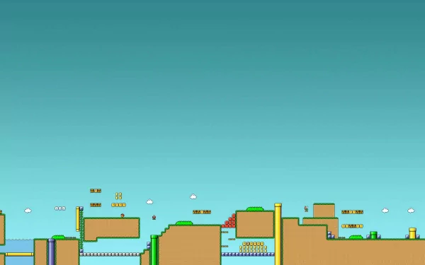 HD PC desktop wallpaper featuring pixel art from the retro platformer video game Super Mario World with iconic blocky terrain and blue sky background.