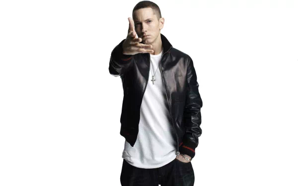 HD desktop wallpaper featuring Eminem, standing in a white t-shirt and black leather jacket, hand extended forward as if pointing.