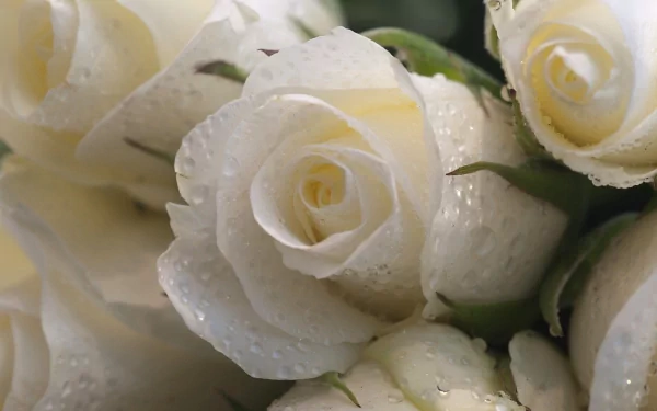 Close-up of pristine white roses, glistening with droplets, showcasing the beauty of nature. This image serves as a stunning HD desktop wallpaper and background.