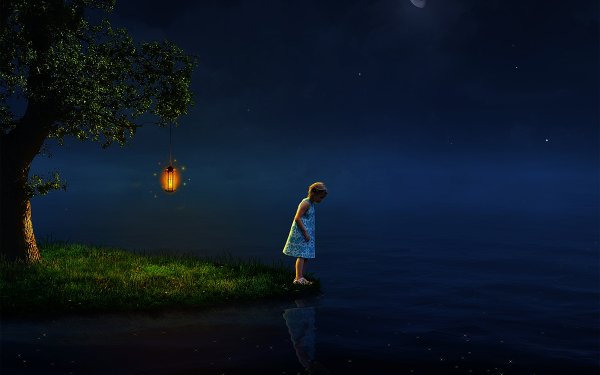 Fantasy Artistic Lake Night Sky Tree Grass Lamp Moon Stars HD Wallpaper | Background Image