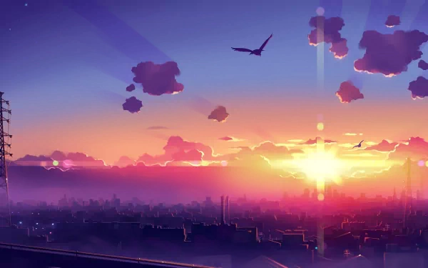 Anime-style HD wallpaper featuring a sunset skyline with birds flying and scattered clouds.