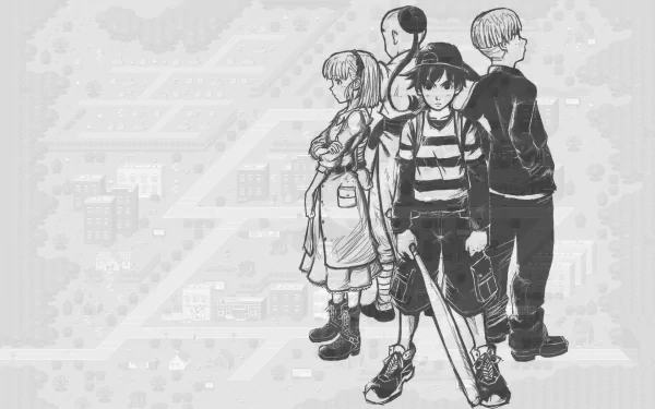 EarthBound anime-style HD PC desktop wallpaper: four sketched characters stand in a monochrome urban landscape with a faint pixel-map city background.