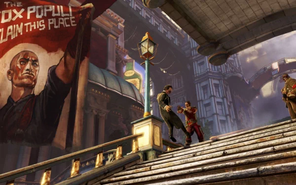 video game Bioshock Infinite cityscape stairs Propaganda HD Desktop Wallpaper | Background Image