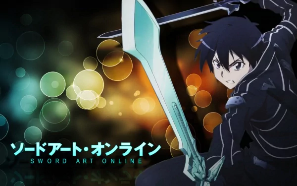 HD PC desktop wallpaper featuring Kirito from Sword Art Online in an action pose, wielding his sword against a blurred, colorful background.