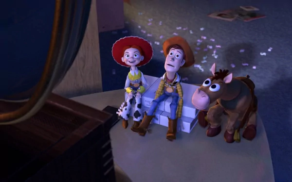 HD PC desktop wallpaper featuring Woody, Jessie, and Bullseye from the movie Toy Story 2, captured in a cozy, nostalgic scene.