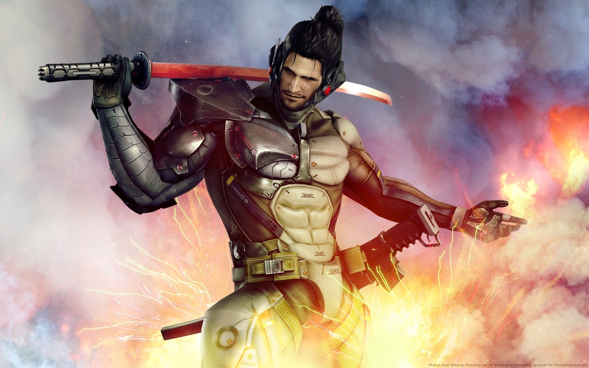 HD wallpaper of Metal Gear Rising: Revengeance featuring the protagonist with a katana on a fiery background.