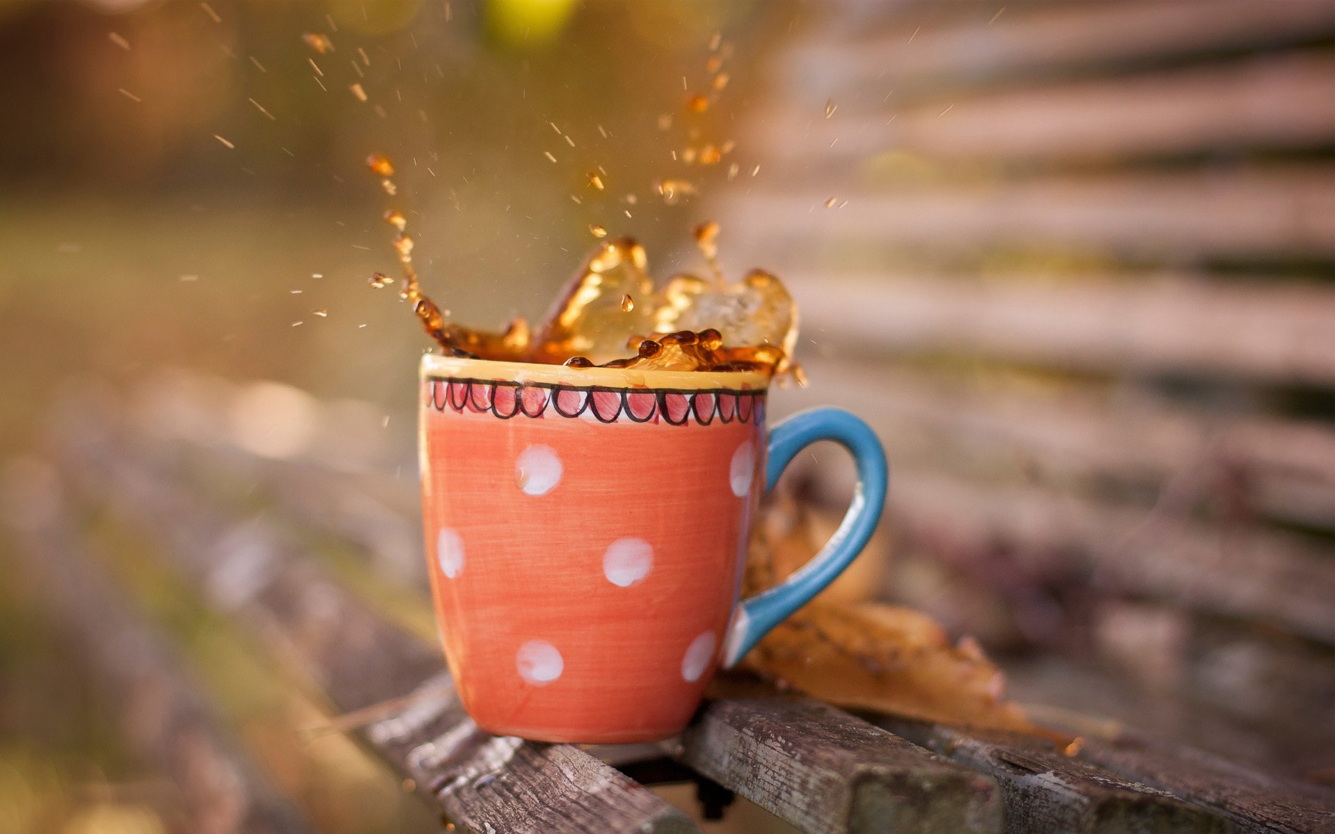 HD PC desktop wallpaper featuring a vibrant orange polka-dot mug with tea splashing out, set on a rustic wooden bench in a warm, natural outdoor setting.