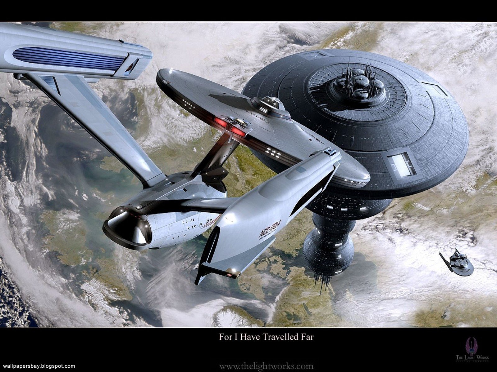 A stunning HD wallpaper featuring a sleek starship soaring near a futuristic space station, capturing the essence of sci-fi and the iconic Star Trek universe.