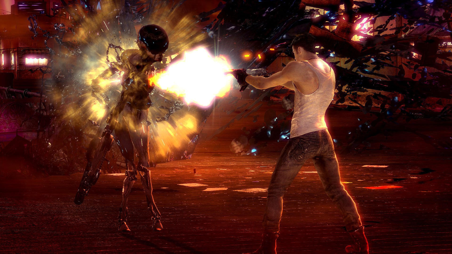 HD desktop wallpaper from DmC: Devil May Cry with a character firing at an enemy amidst an explosive battle.