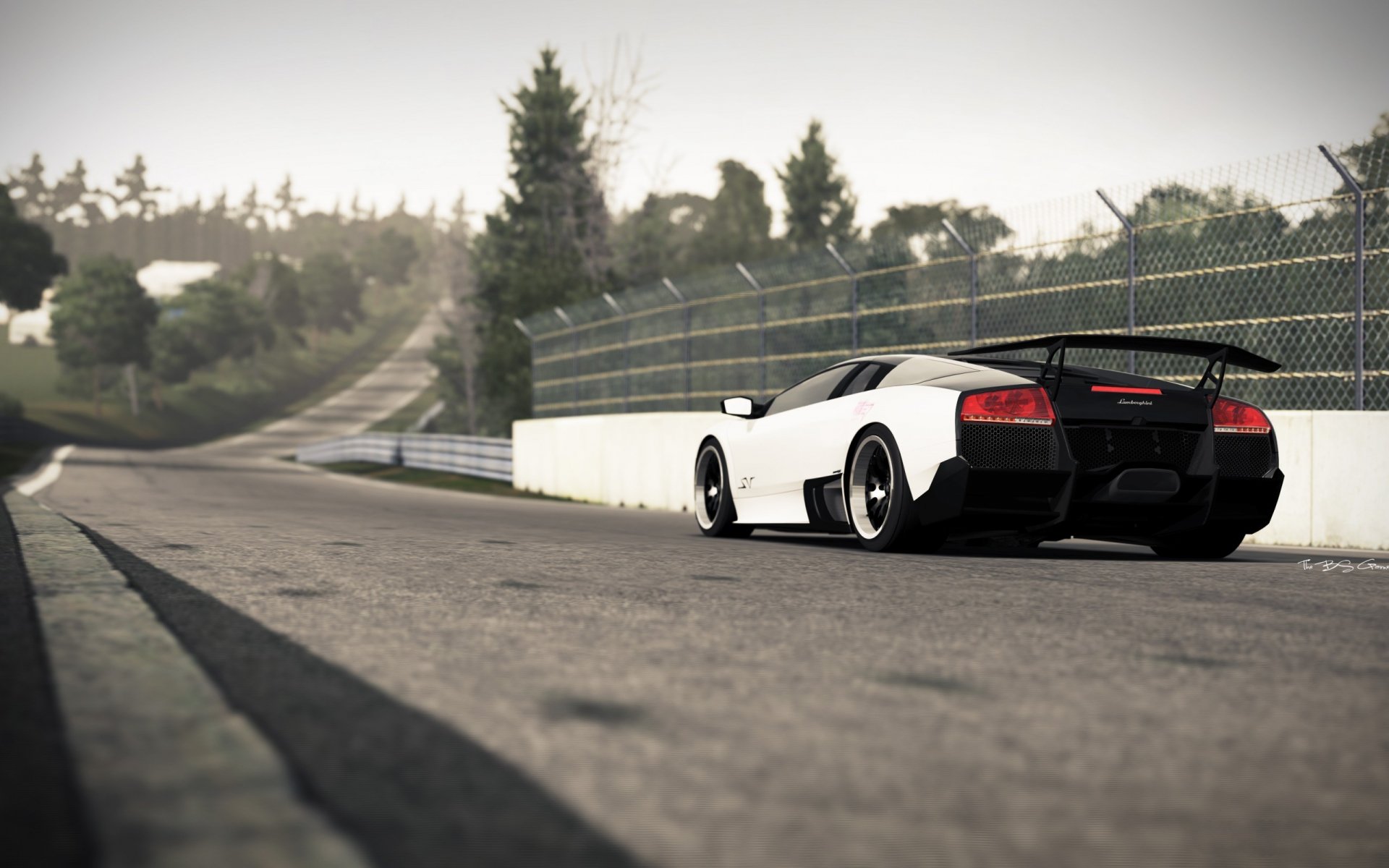HD desktop wallpaper featuring a white Lamborghini Murciélago on a race track surrounded by trees and fencing under a cloudy sky.
