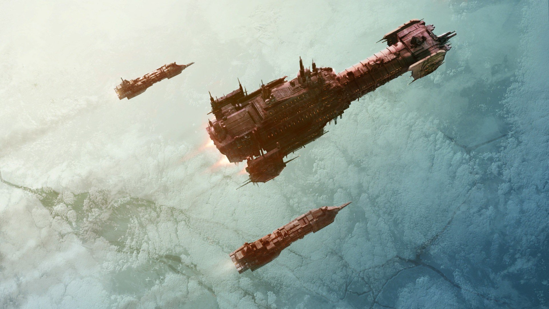 HD PC desktop wallpaper of a sci-fi spaceship fleet flying above a misty, icy terrain.
