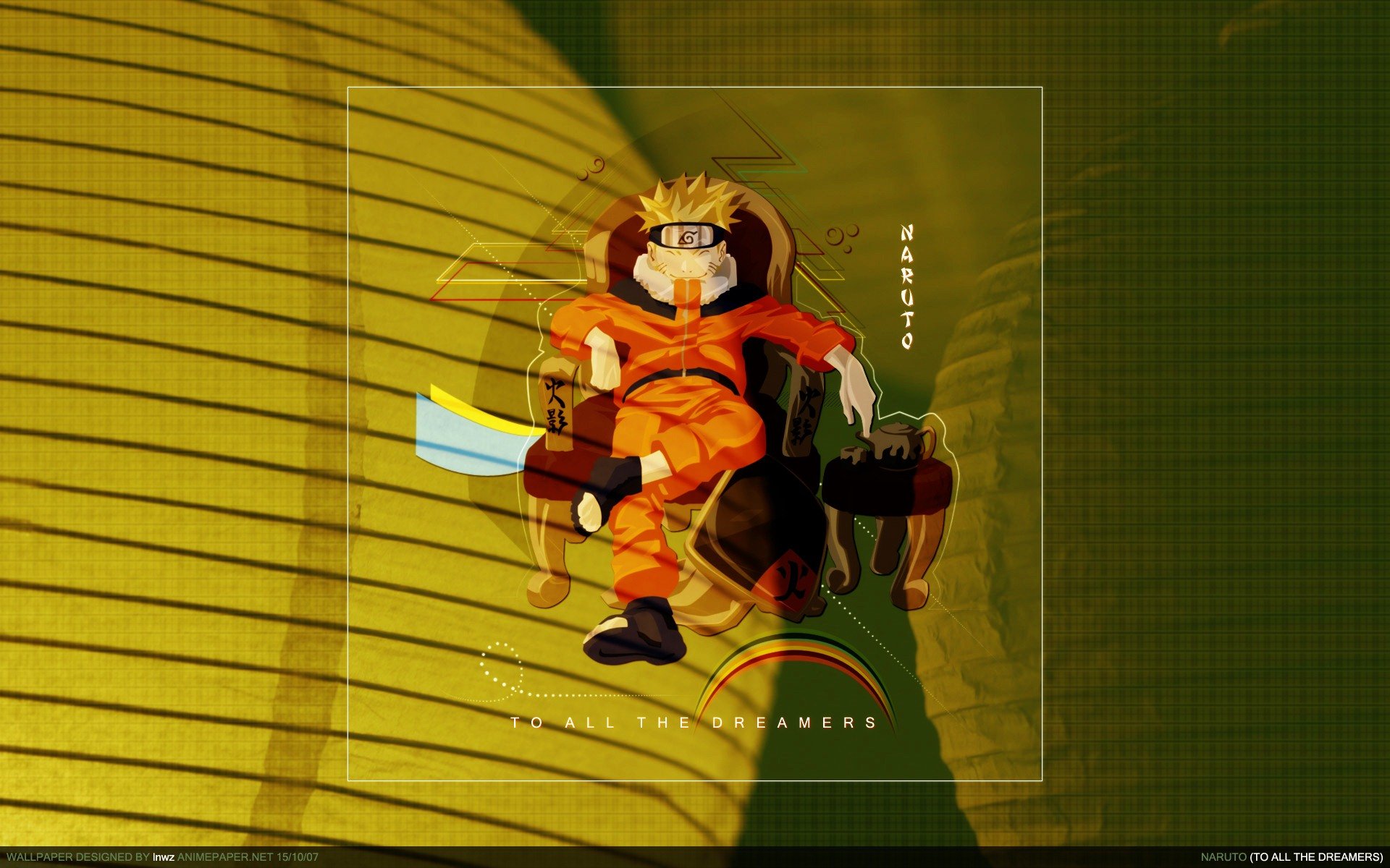 HD anime desktop wallpaper featuring Naruto Uzumaki from Naruto in his iconic orange outfit, seated confidently with a green and yellow abstract background.