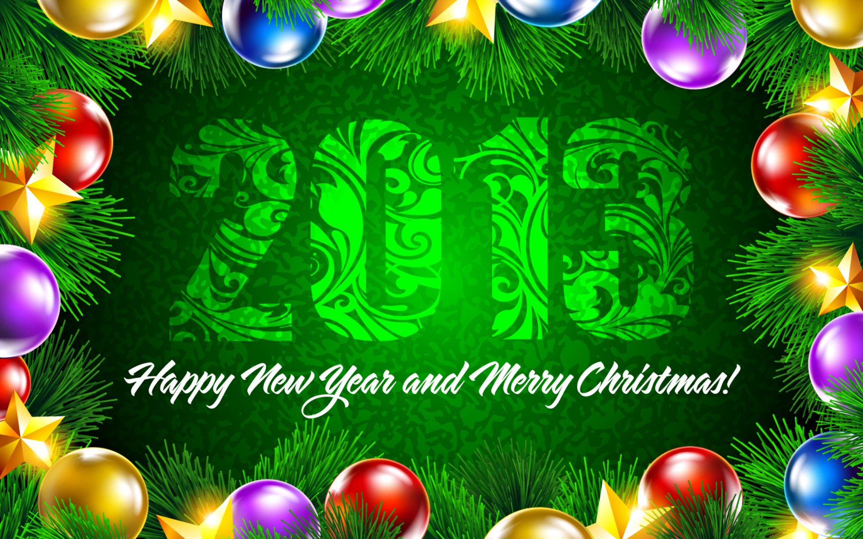 HD PC desktop wallpaper — New Year 2013 holiday scene: ornate green 2013 set amid pine branches and colorful baubles, captioned Happy New Year and Merry Christmas!
