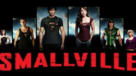 A vibrant HD wallpaper featuring characters from Smallville, including Clark Kent, Lois Lane, Chloe Sullivan, Oliver Queen, and General Zod, set against a dynamic background.
