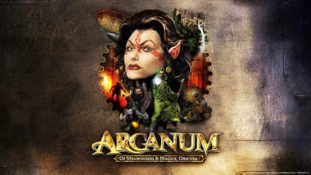 HD PC desktop wallpaper and background for the video game Arcanum: Of Steamworks and Magick Obscura — steampunk fantasy portrait of an elf woman's face framed by gears and the game logo
