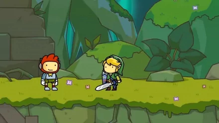 HD desktop wallpaper of Scribblenauts Unlimited featuring characters Maxwell and a knight in a cartoon-style landscape.