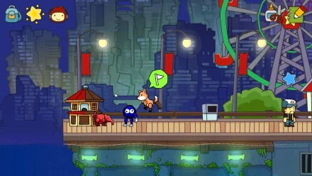 HD desktop wallpaper of Scribblenauts Unlimited with a whimsical scene featuring characters on a floating dock against a city backdrop.